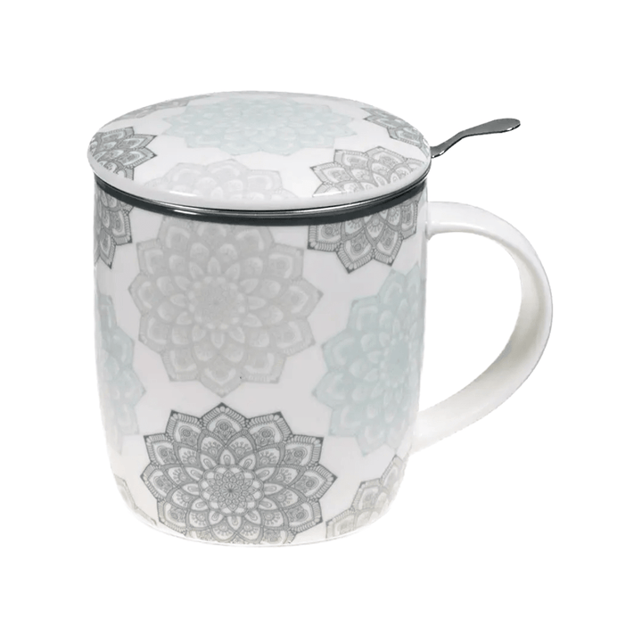 Teetasse "Graues Mandala", mit Edelstahlsieb und Deckel