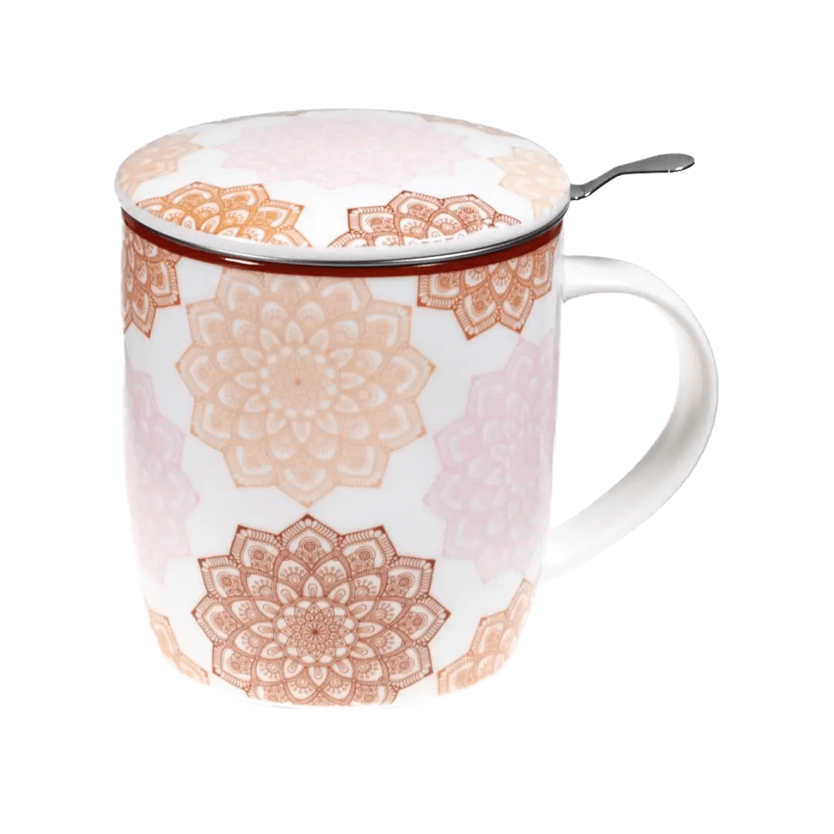Teacup "Pink Mandala" with stainless steel strainer and lid