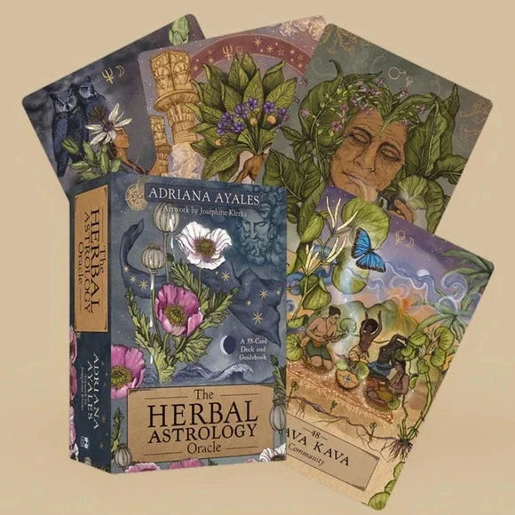 The Herbal Astrology Oracle Deck Verpackung mit 4 Beispielkarten vor hellem Hintergrund.