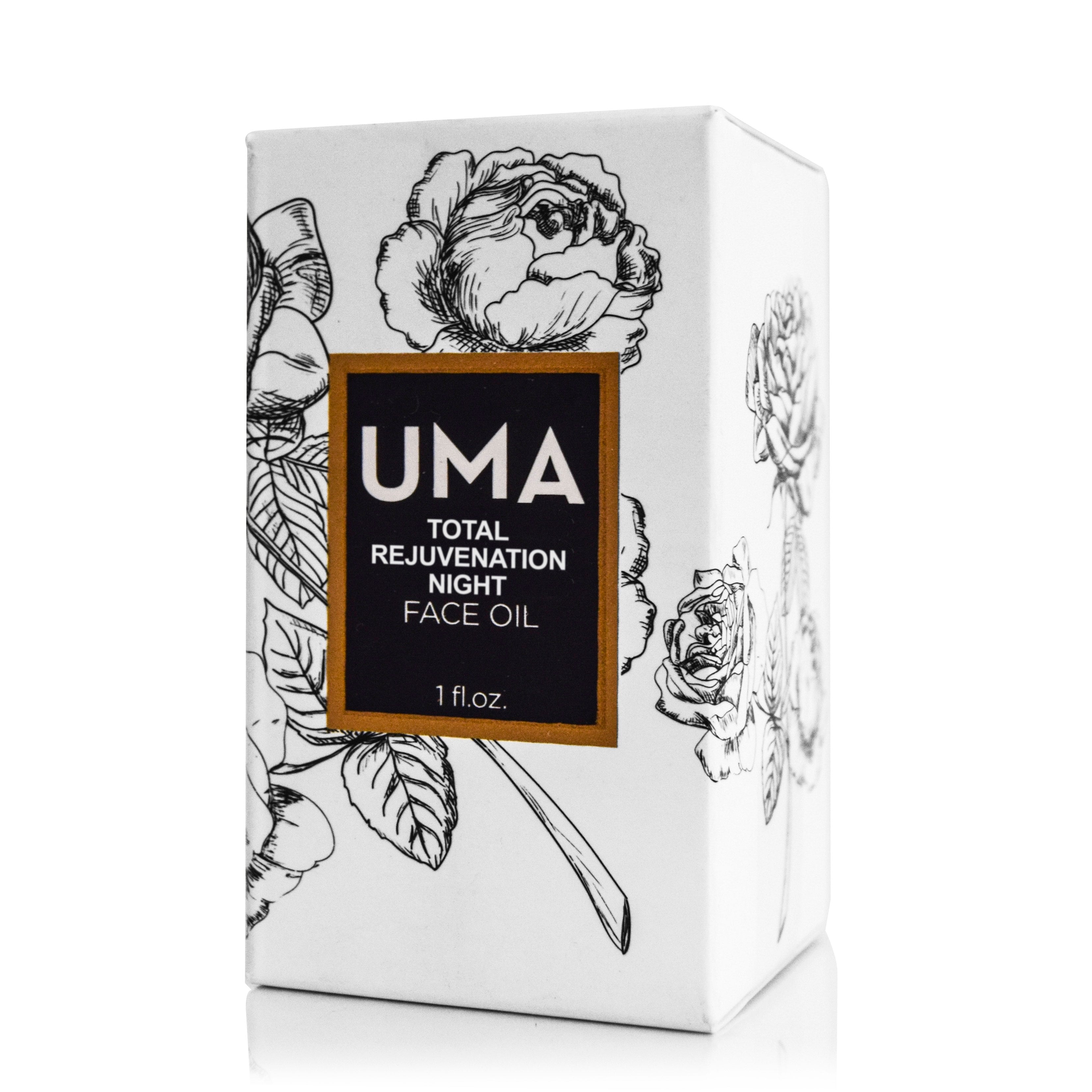 Verpackung des UMA Total Rejuvenation Face Oils steht vor weißem Hintergrund.