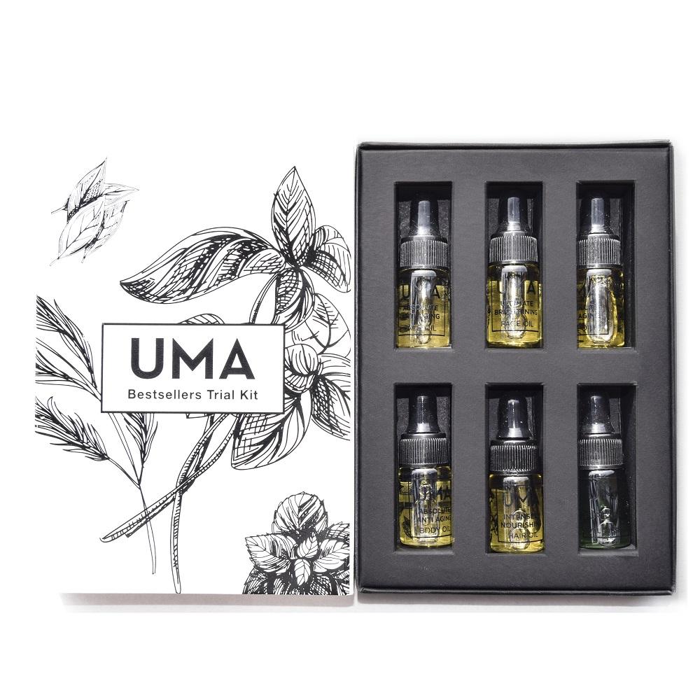 UMA Bestseller Trial Kit offene Verpackung, drin liegen 6 Fläschchen.