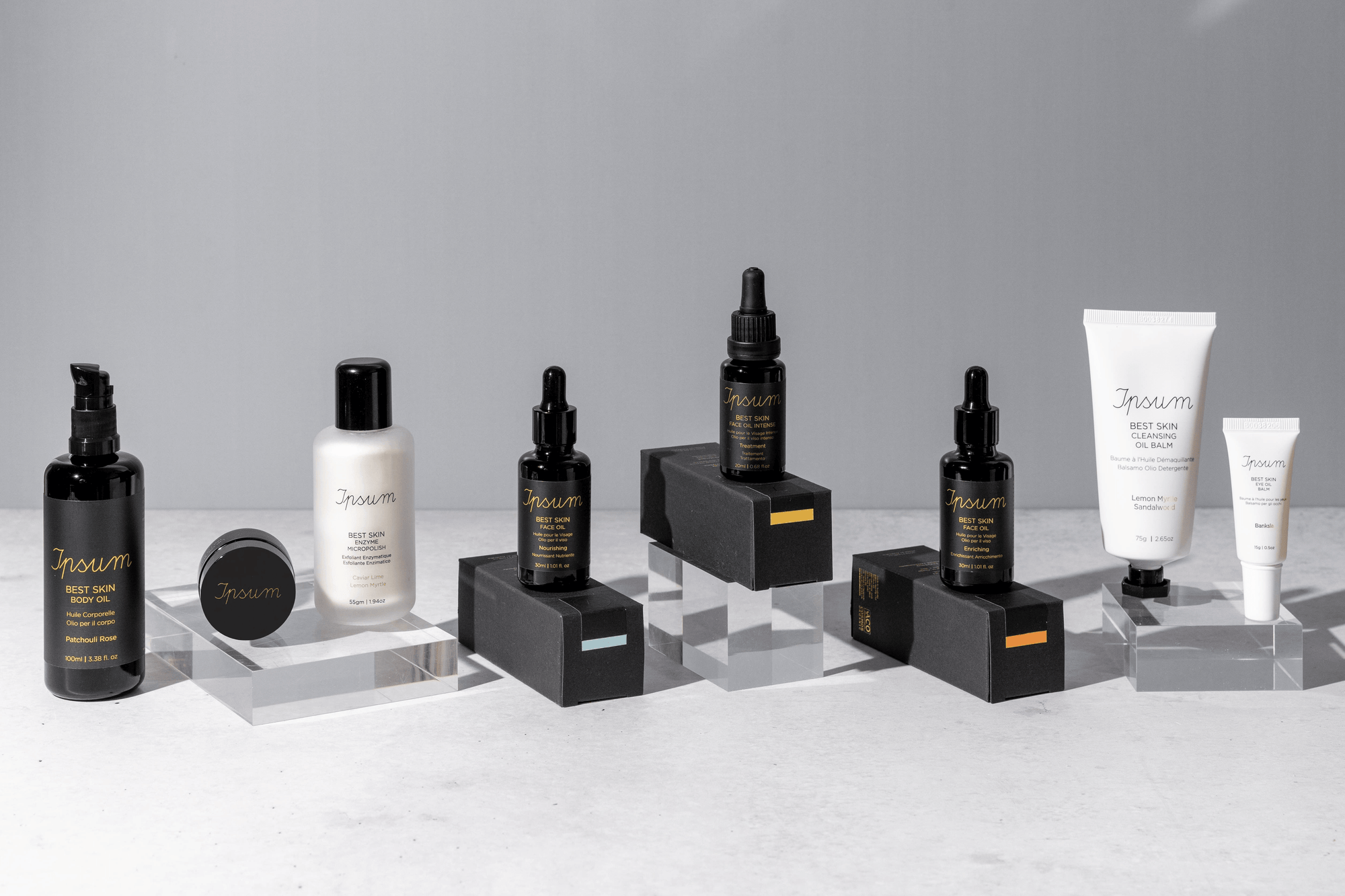Various Ipsum products are lined up next to each other against a light background.