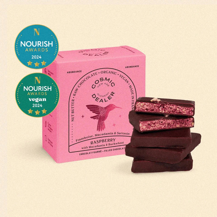 Packaging from Comic Dealer Raspberry & Buckwheat, with chocolates stacked next to it.