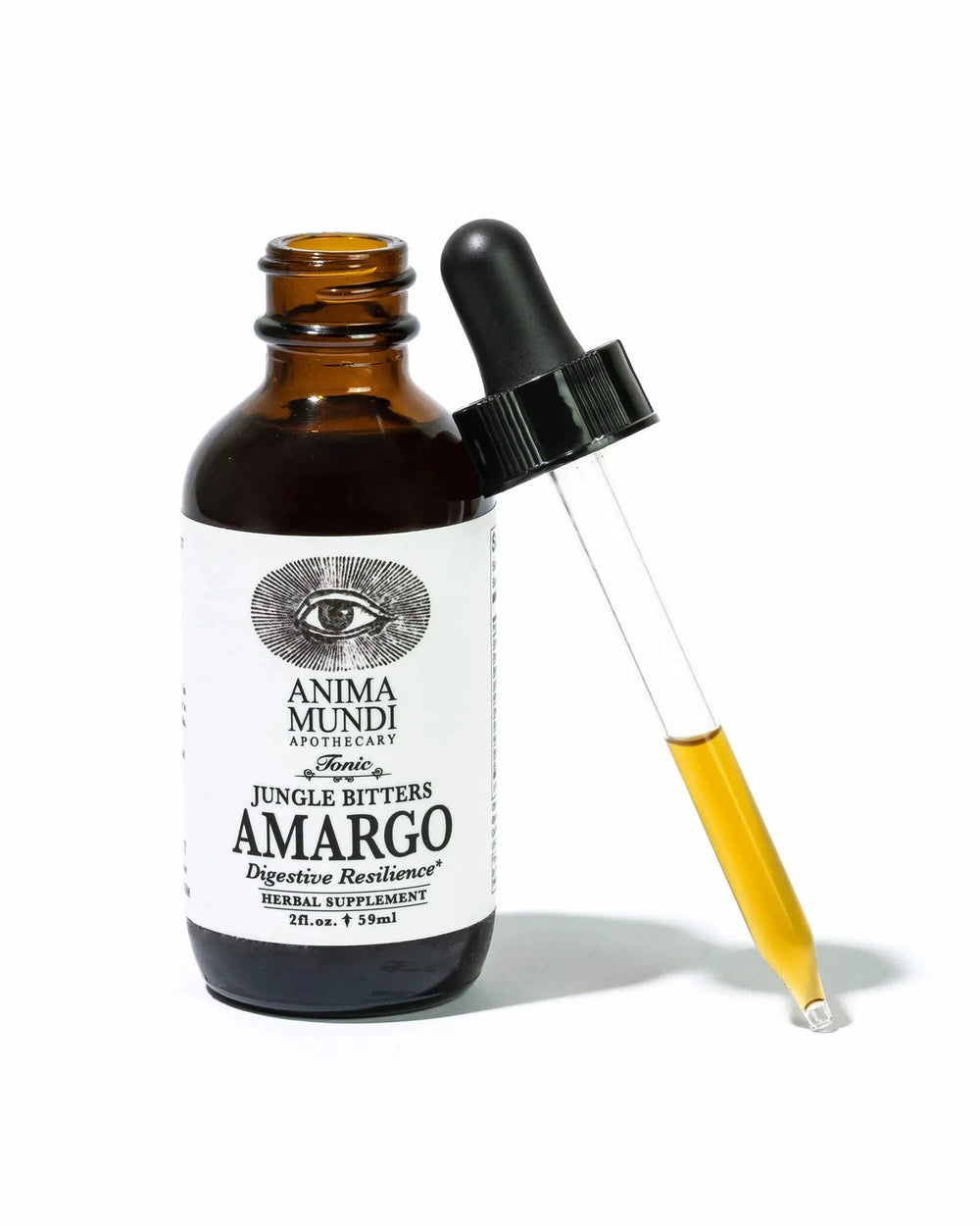 Anima Mundi Glasflasche Amargo mit angelehnter Pipette steht vor weißem Hintergrund.