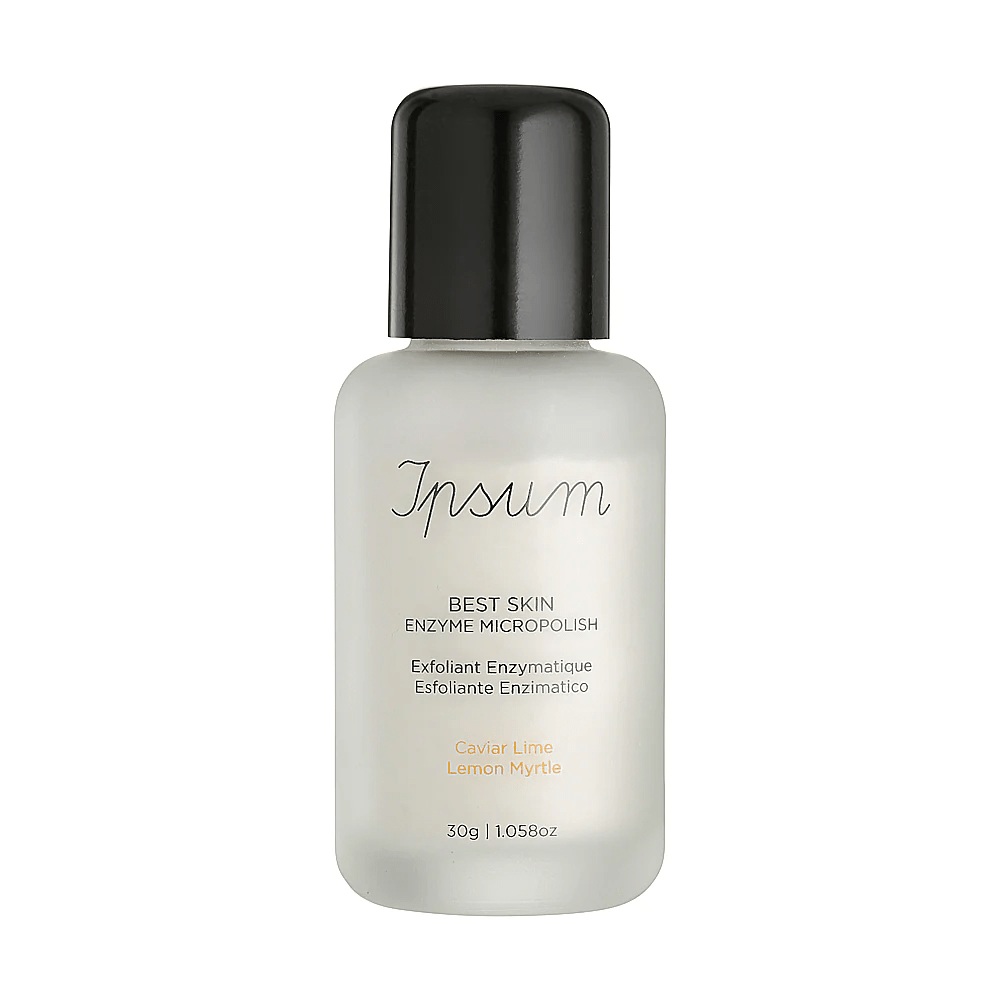 Ipsum Best Skin Enzyme MicroPolish frosted glass bottle with black lid against a white background. North Glow