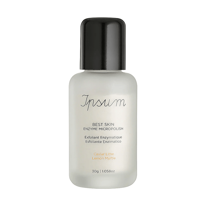 Ipsum Best Skin Enzyme MicroPolish frosted glass bottle with black lid against a white background.