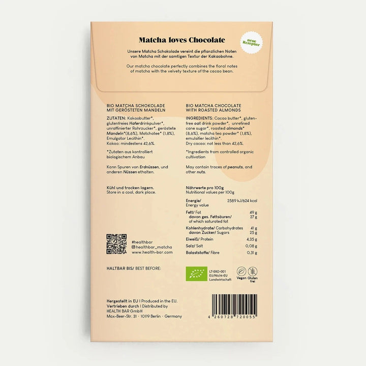 Bio Matcha Roasted Almonds Chocolate, Verpackung Rückseite vor weißem Hintergrund.