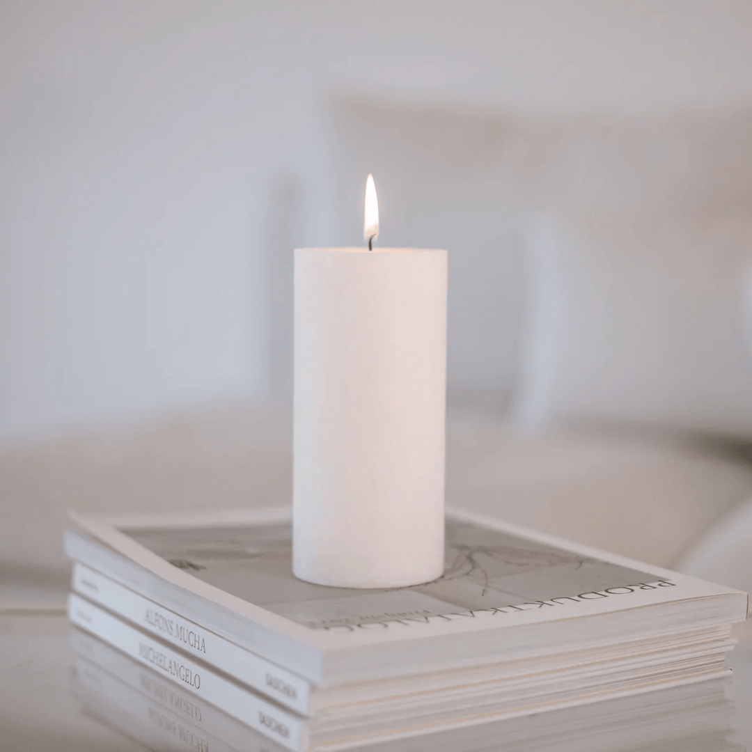 Block candle Olive from Eulenschnitt in white is on product catalogs. North Glow
