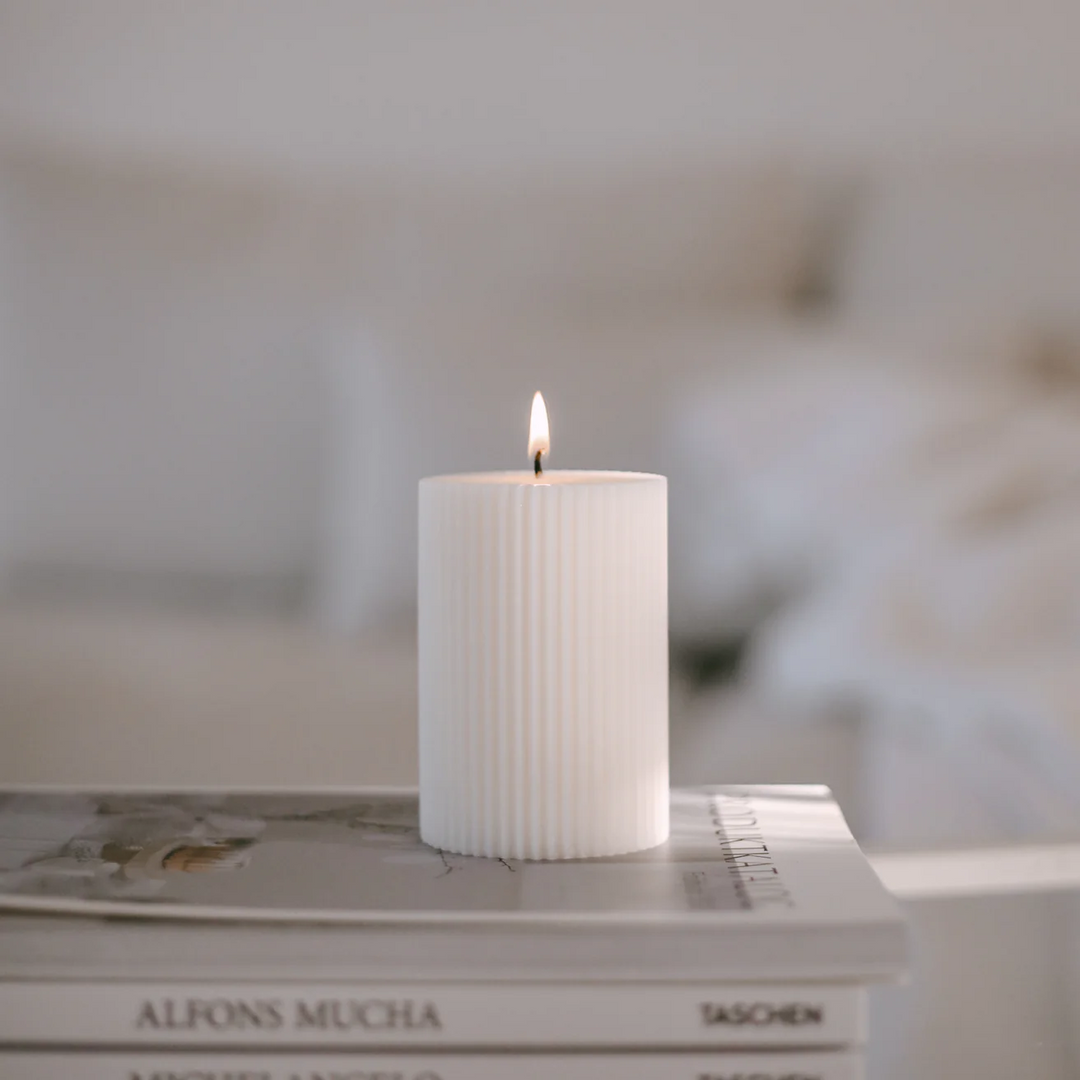 Block candle grooves from Eulenschnitt in white is on product catalogs. North Glow