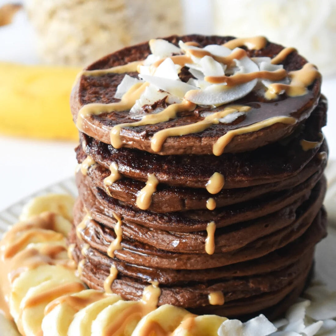 Close-up of pancakes with Kiano Choco Strong sauce. North Glow