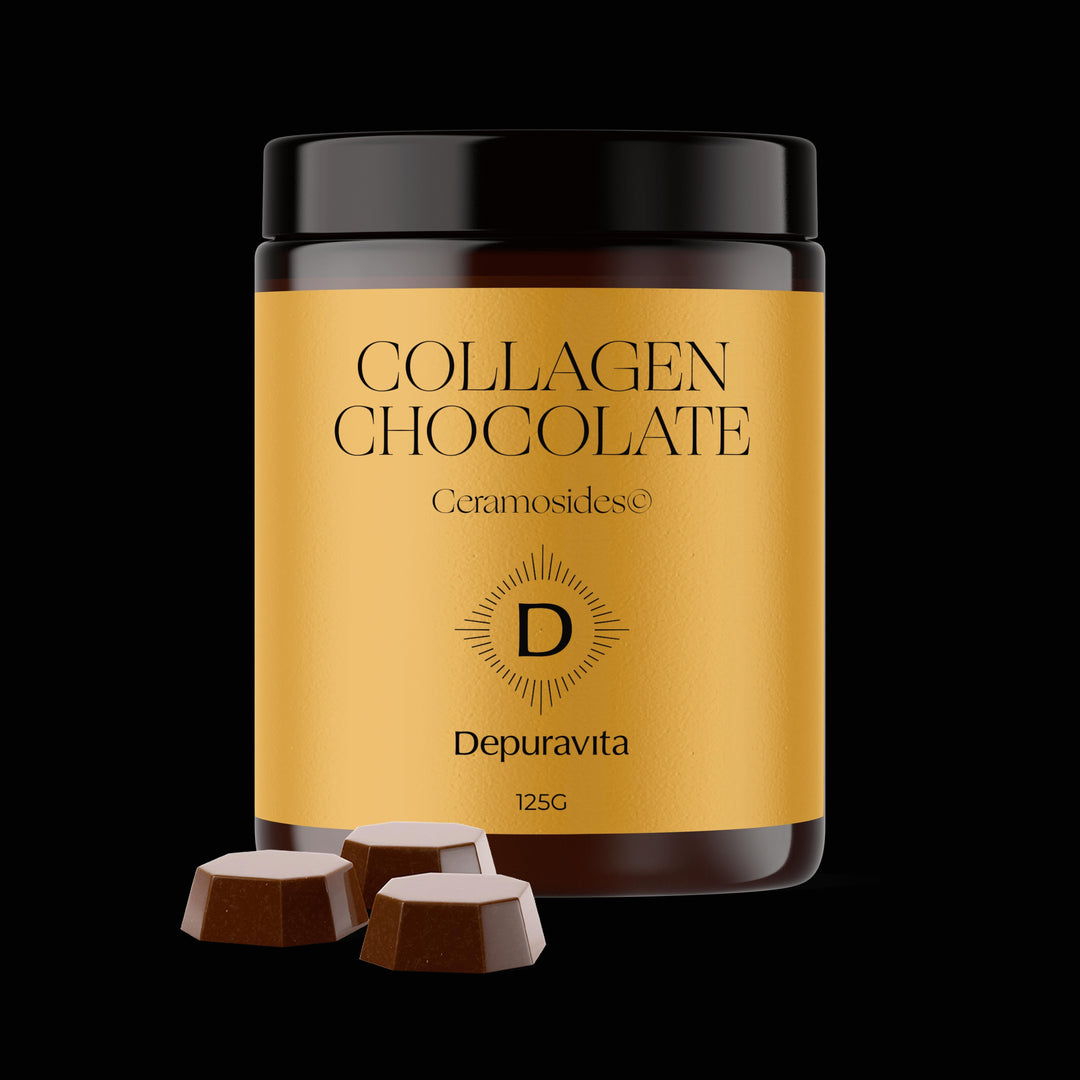 Depuravita Collagen Chocolates screw-top jar with 3 pieces of chocolate in the foreground against a black background. North Glow