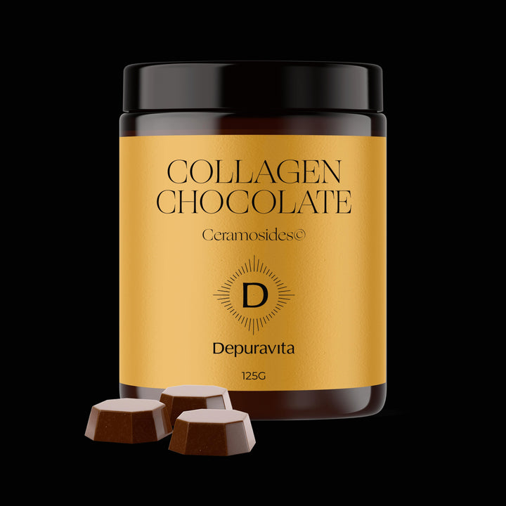Depuravita Collagen Chocolates screw-top jar with 3 pieces of chocolate in the foreground against a black background.