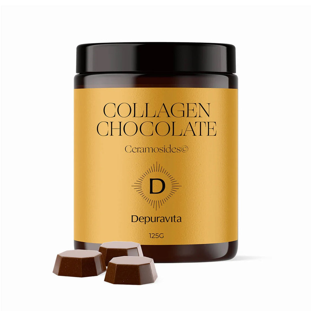 Depuravita Collagen Chocolates screw-top jar with 3 pieces of chocolate in the foreground against a white background. North Glow