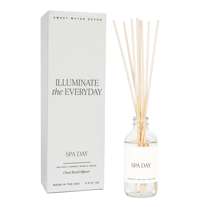 Sweet Water Decor Diffuser Spa Day bottle with reed sticks and cardboard.