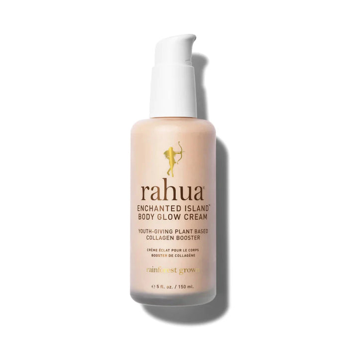 Rahua body glow cream bottle against a white background.