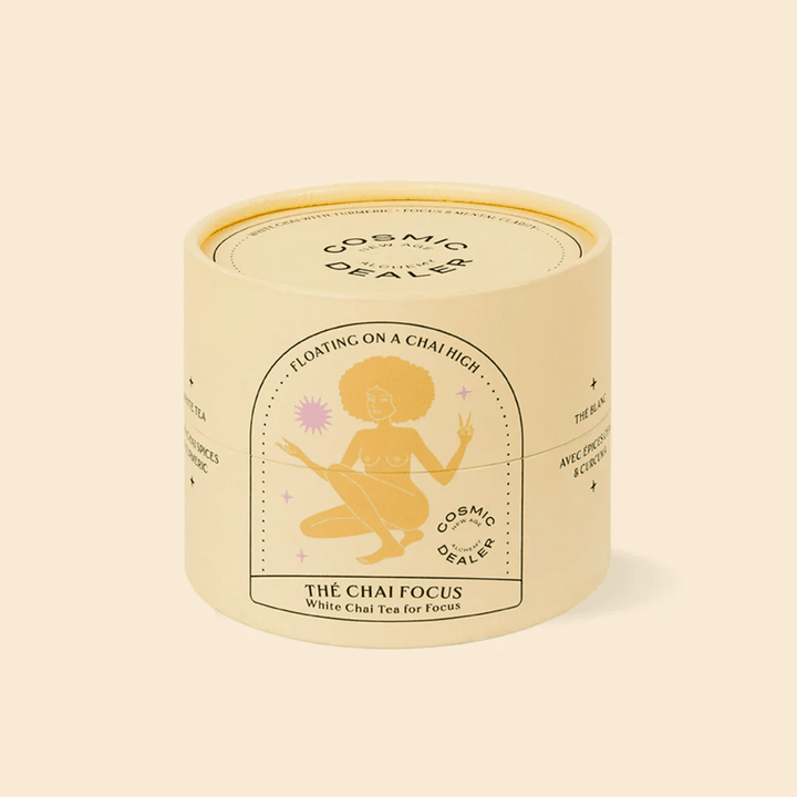 Cosmic Dealer tea tin Floating on a Chai High against a white background.