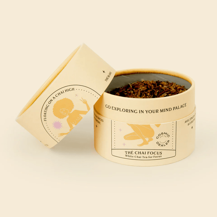 Open Cosmic Dealer tea caddy Floating on a Chai High against a white background,