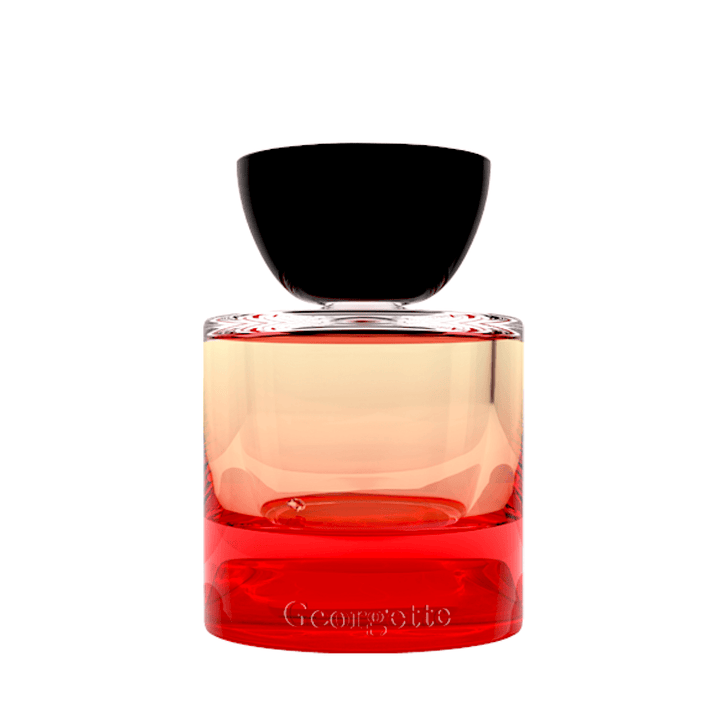 Vyrao Georgette glass bottle with black lid and reddish bottle against a white background.