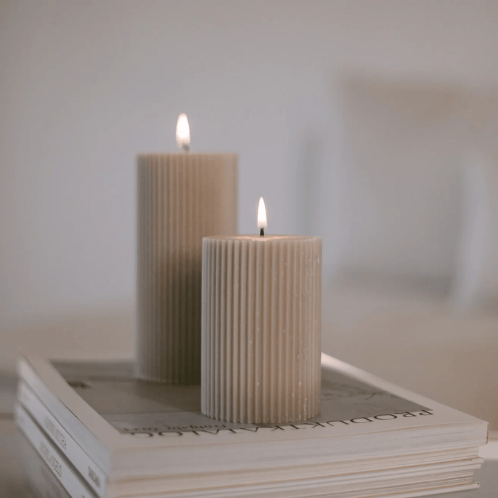 Gray block candles made of rapeseed wax with grooves - gray beige