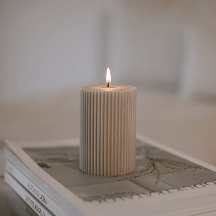Gray block candles made of rapeseed wax with grooves - gray beige