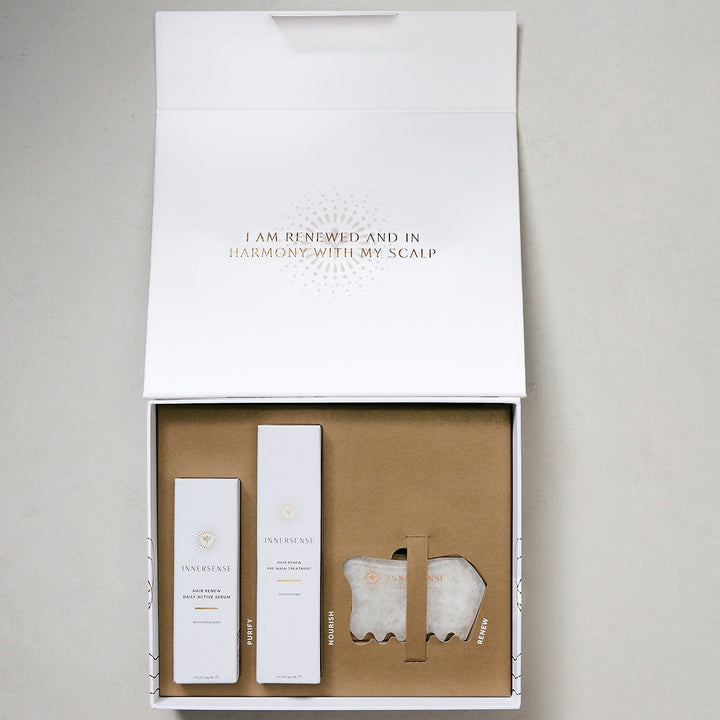 Open Innersense Harmonic Hair Renew Set box with the 3 products inside.
