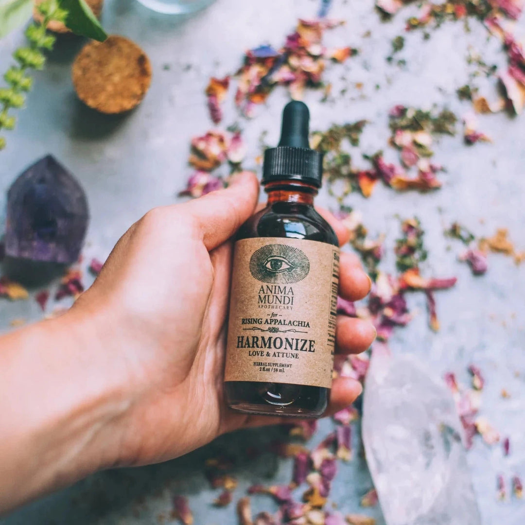 Hand hält Flakon von Anima Mundi Harmonize – Anwendung als Teil der täglichen Hautpflege- und Wellness-Routine North Glow