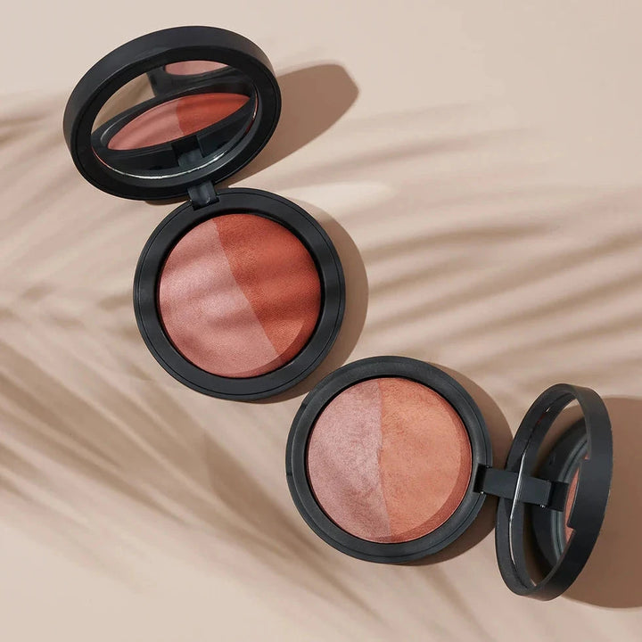 Mineral Baked Blush Duo, both colors open, beige background, shade of palm leaf