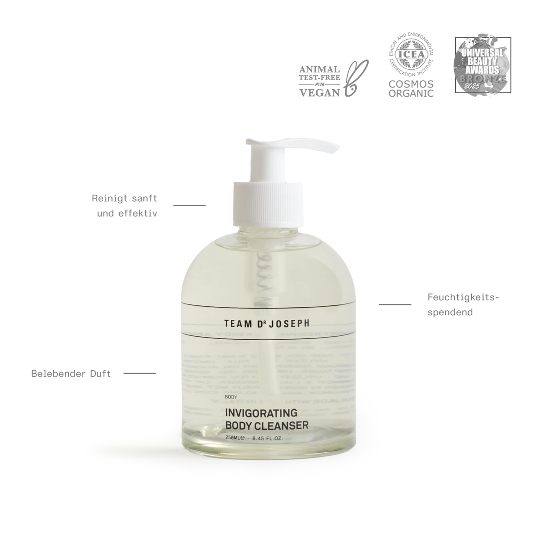 Ausgezeichnete Naturkosmetik: TEAM DR JOSEPH Invigorating Body Cleanser mit Award-Icons für Wirksamkeit und Nachhaltigkeit. North Glow