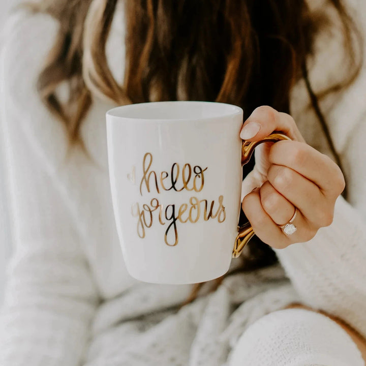Coffee cup "Hello Gorgeous" in white-gold