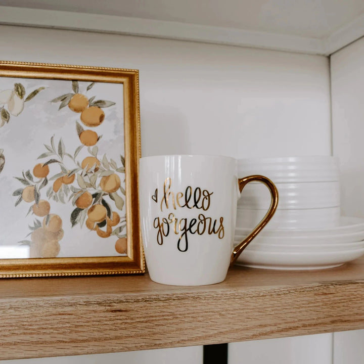 Coffee cup "Hello Gorgeous" in white-gold