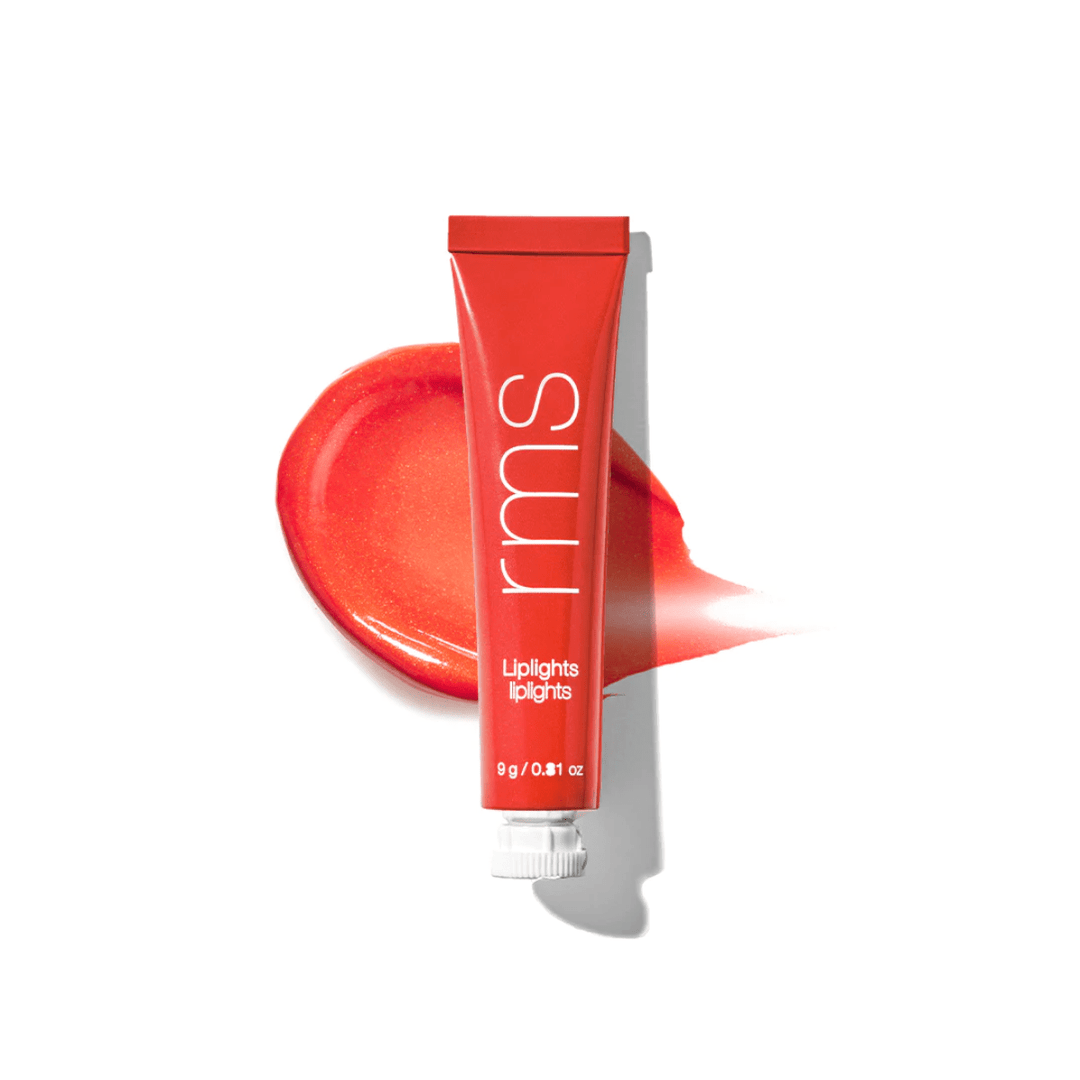 RMS Liplights Babette Tube in front of a color and texture sample against a white background.