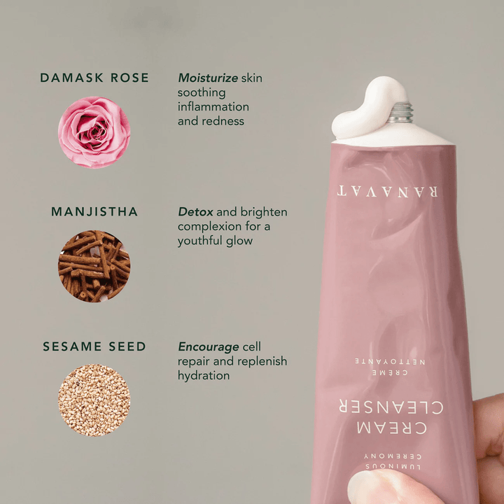 Ranavat Luminous Ceremony Cleanser packaging is pressed in the background description of ingredients