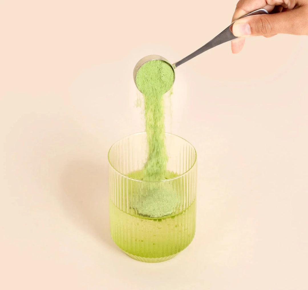 Dosierlöffel füllt Matcha Collagen Bovine Origin von Matcha & CO i ein Glas mit Flüssigkeit. North Glow