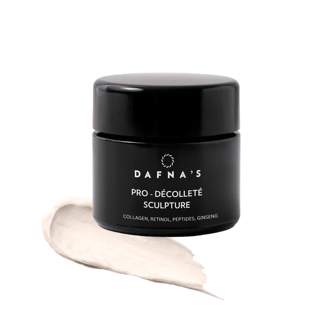 Black jar of Dafna's - PRO DÉCOLLETÉ SCULPTURE, next to it a blob of cream against a white background. North Glow