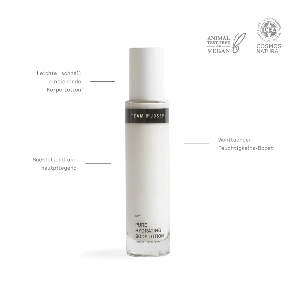 Natürliche Inhaltsstoffe treffen auf luxuriöses Design – Pure Hydrating Body Lotion Team Dr Joseph mit Macadamiaöl und Hyaluronsäure