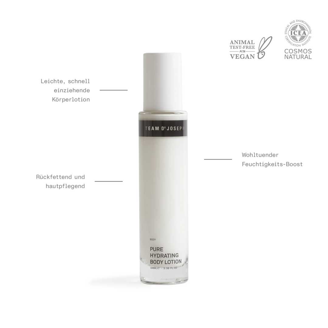 Natürliche Inhaltsstoffe treffen auf luxuriöses Design – Pure Hydrating Body Lotion Team Dr Joseph mit Macadamiaöl und Hyaluronsäure North Glow