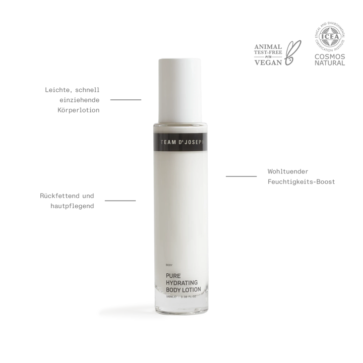 Natürliche Inhaltsstoffe treffen auf luxuriöses Design – Pure Hydrating Body Lotion Team Dr Joseph mit Macadamiaöl und Hyaluronsäure