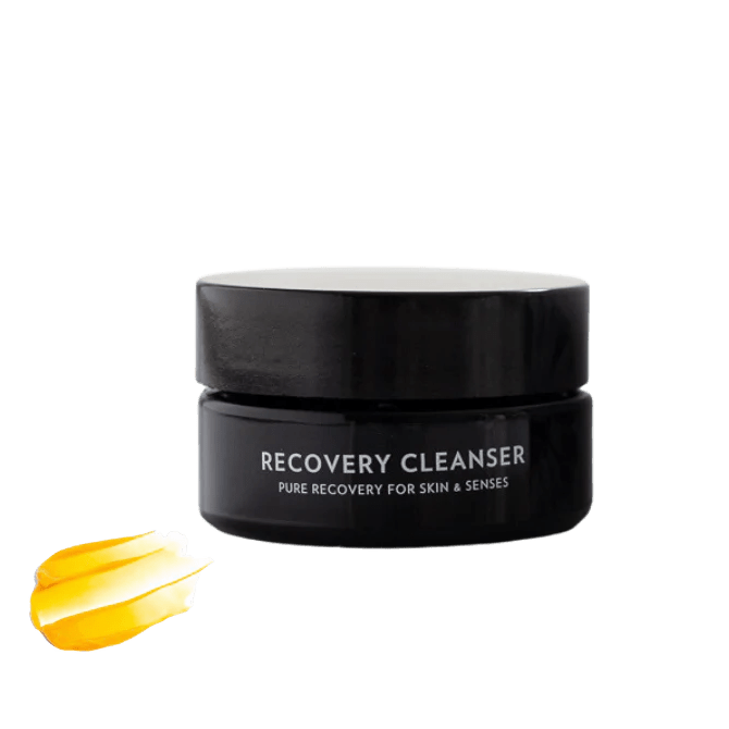 Black Dafna's Recovery Cleanser screw-top jar with color and texture sample. North Glow