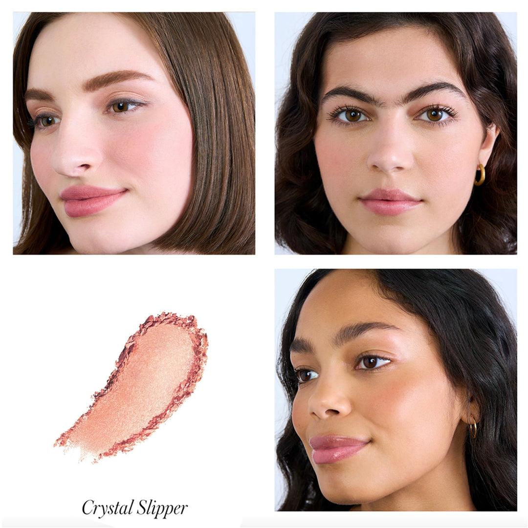 Collage with 3 women's faces and texture and color sample for ReEimension Hydra Powder Blush by RMS in the color Crystal Slipper. North Glow