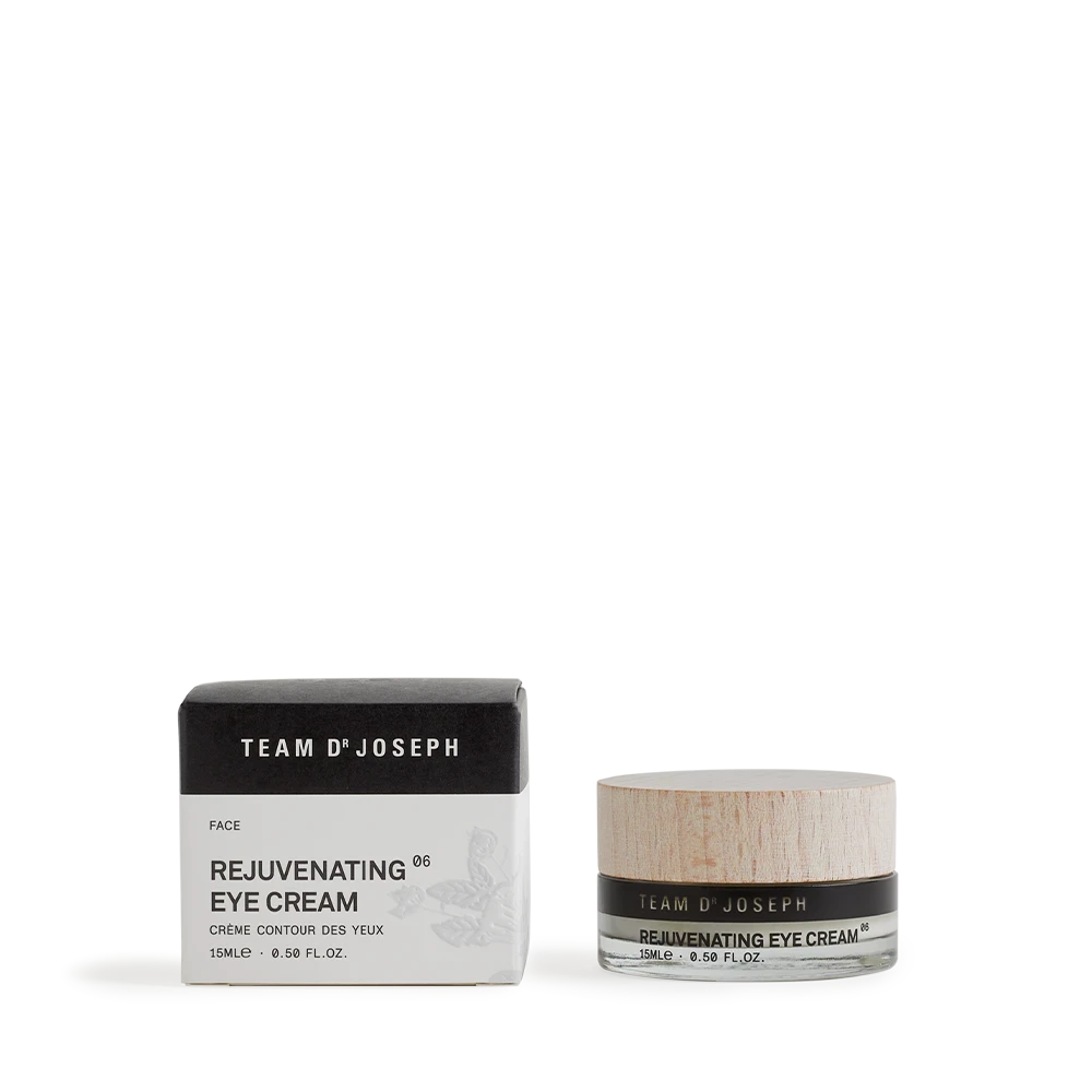 TEAM DR JOSEPH Rejuvenating Eye Cream – feuchtigkeitsspendende Augencreme im hochwertigen Tiegel neben edler Verpackung North Glow