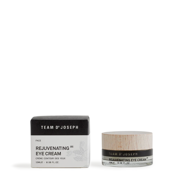 TEAM DR JOSEPH Rejuvenating Eye Cream – feuchtigkeitsspendende Augencreme im hochwertigen Tiegel neben edler Verpackung