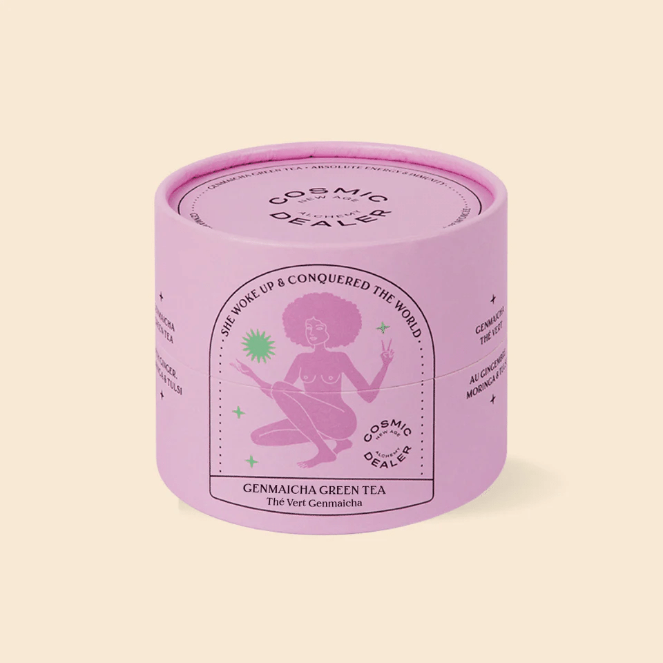 Genmaicha & Green Tea Tee Dose Cosmic Dealer vor hellem Hintergrund. North Glow