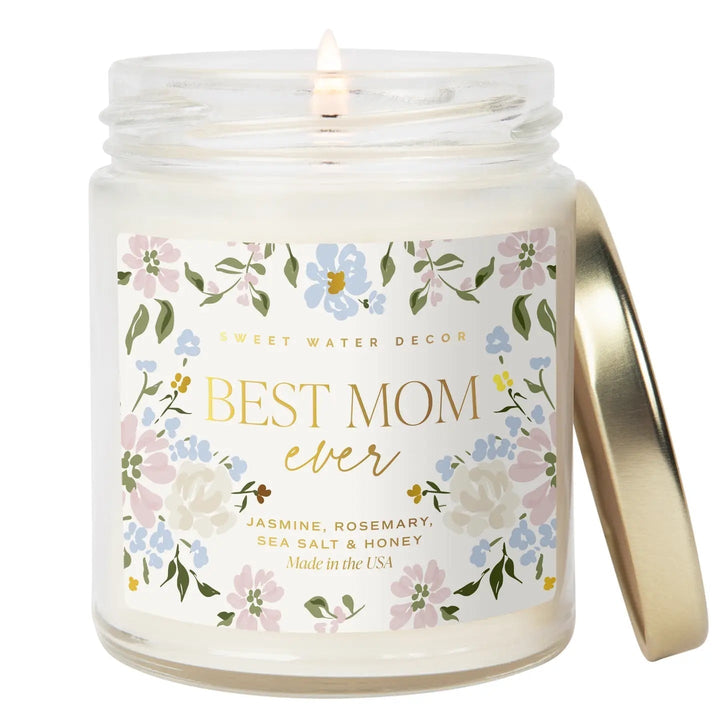 Sweet Water Decor Duftkerze mit "Best Mom ever " Aufschrift und Blümchenmuster.