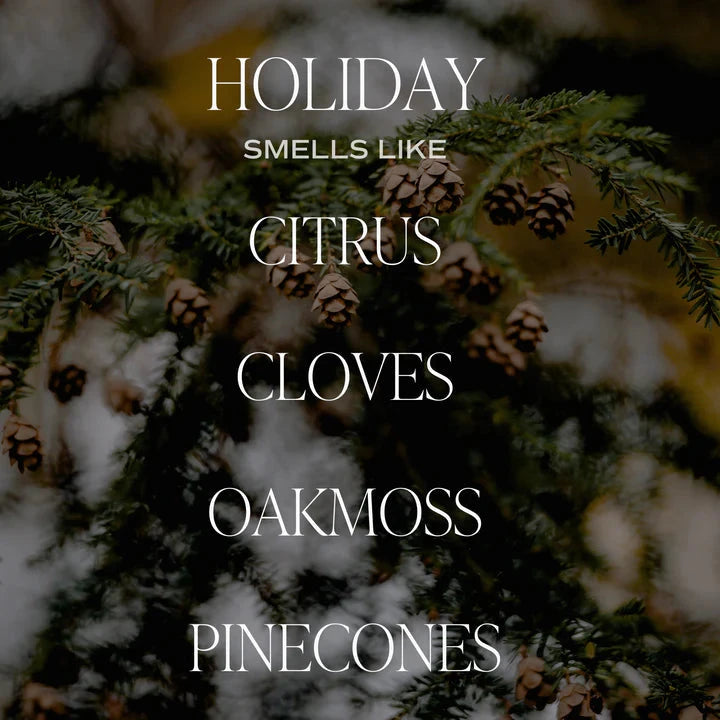Sweet Water Decor Holiday candle in front of fir trees