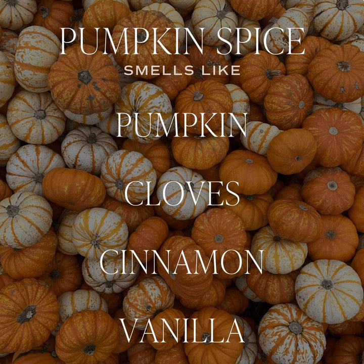 Many pumpkins in the background, white lettering in the foreground