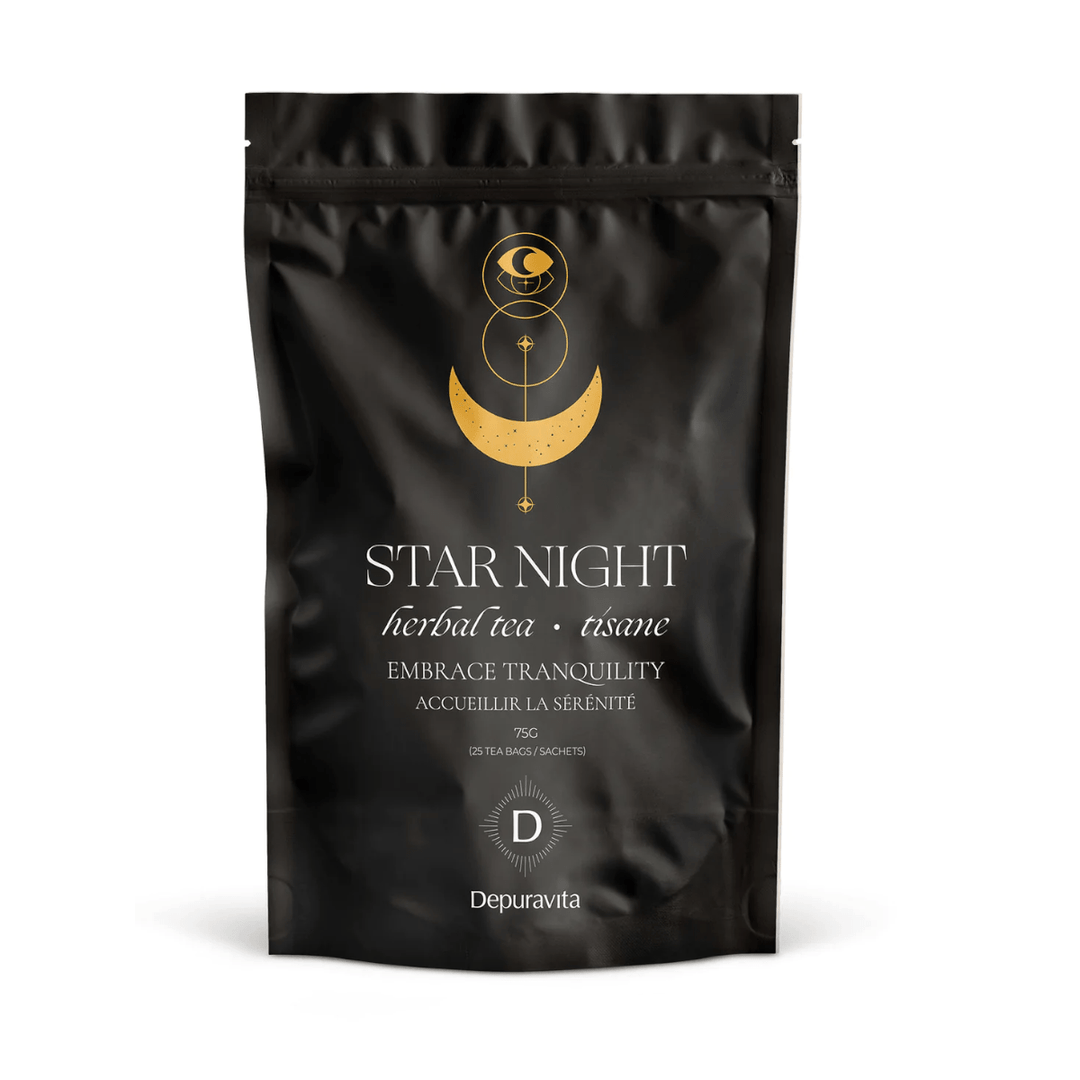 Depuravita Star Night tea pack stands against a white background.