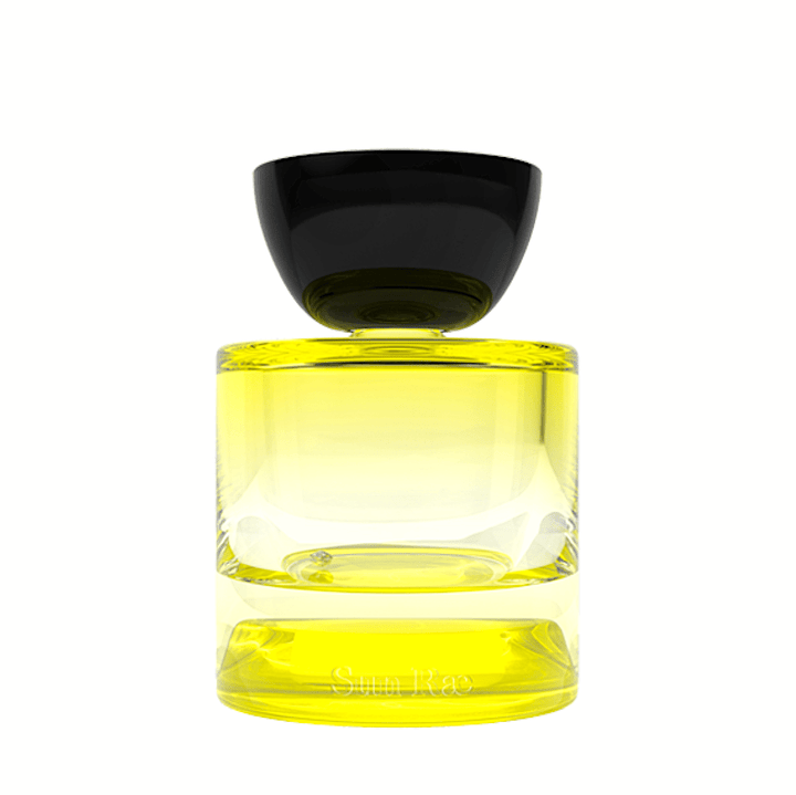 Yellow glass bottle with black lid Vyrao Sun Rea stands against a white background.