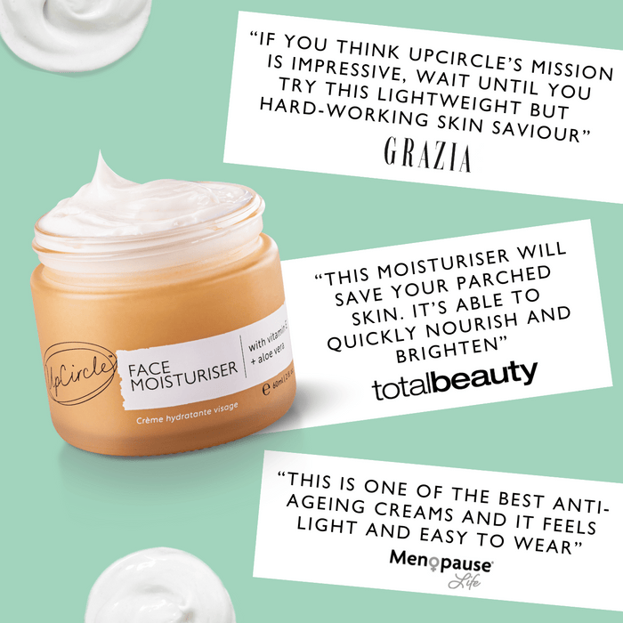 Offener Tiegel des Face Moisturisers mit Text neben in weißen Kästen