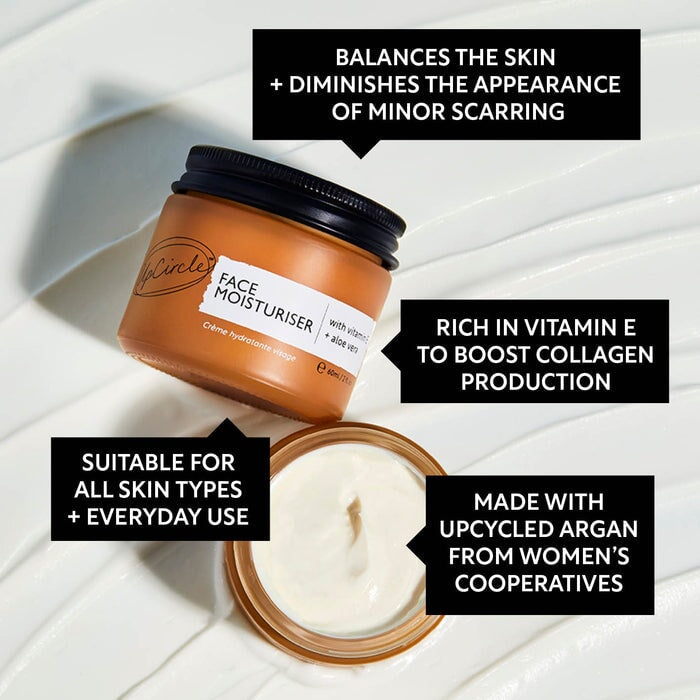 UpCircle Face Moisturiser in recycelbarer Umverpackung – Clean‑Label‑Design, zeigt Nachhaltigkeit, vegan und umweltfreundlich.