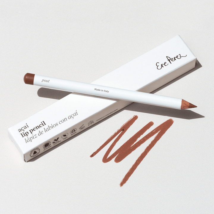 Ere Perez Acai Lip Pencil in the color Pout with packaging and color sample on a white background.